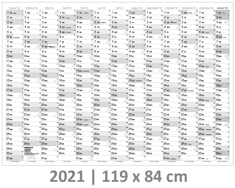 XXL Wandkalender grau Wandplaner 2021 gerollt DIN A0 Format 1189x841mm 